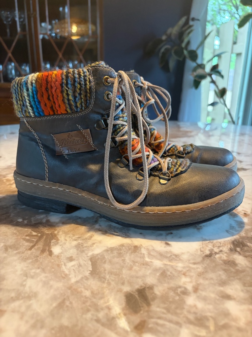 Rieker Brown Leather Lace-Up Boots with Colorful Knit Cuff